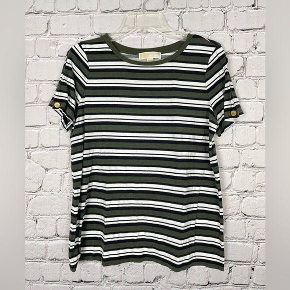 Michael Kors Shirt Womens L Cold Shoulder Slit Top Green Striped Logo - Picture 1 of 6
